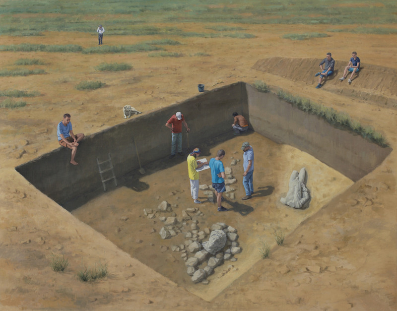 A painting of people digging and finding artifacts 