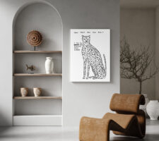 A photomontage of a slick looking living room with a black and white childish painting of a cheetah hanging on the wall