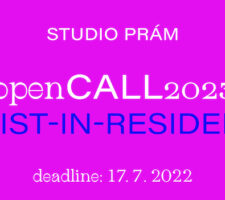 Fuchsia background with white and blue text about an open call