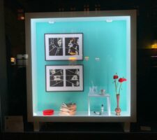 A view of the window containing Diana Artus' work exhibition 'Neutral Scene'