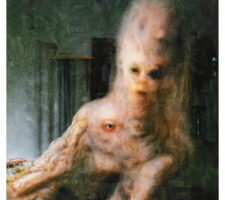 A photograph of a painting of a blob-like, pinky, fleshy, alien creature