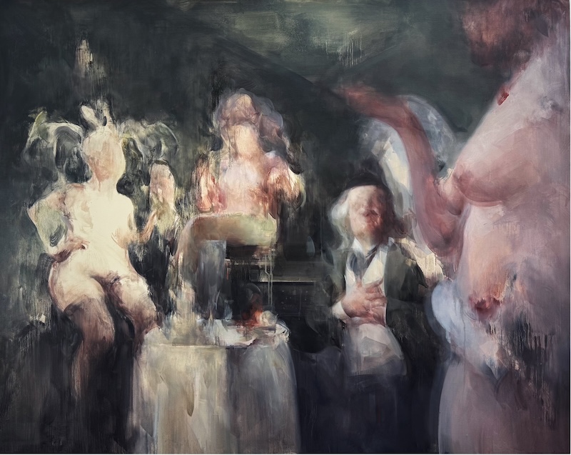 an oil painting of people sitting around a table 