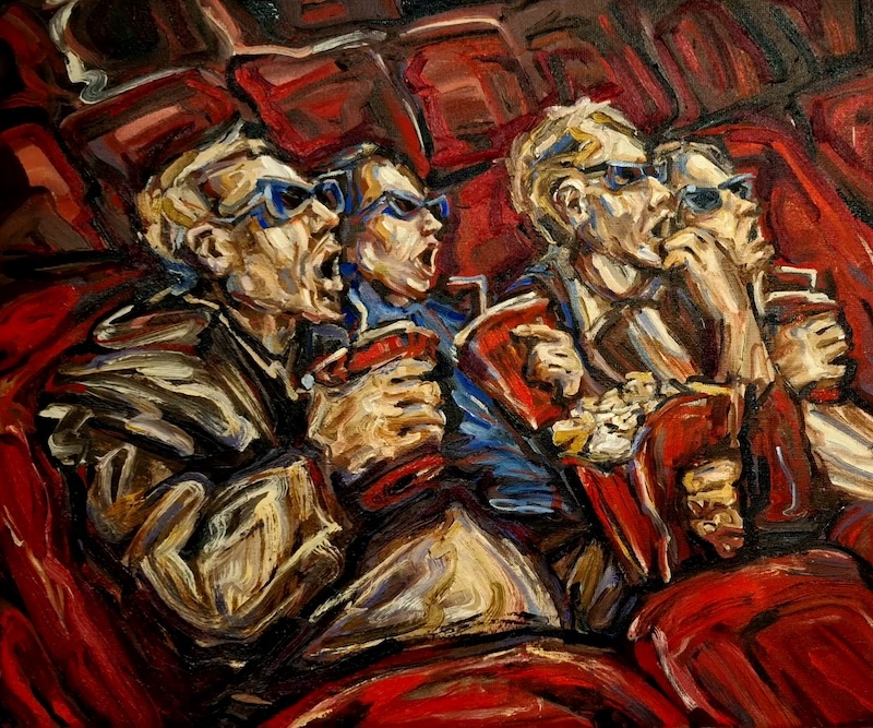 oil paintin of 4 men in a kino salon, wearing glasses and eating popcorn