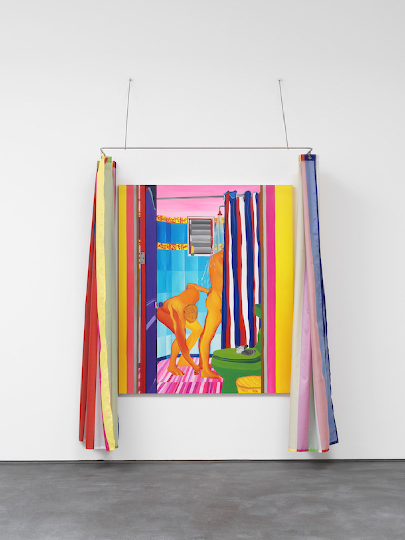 An installation view of the work ‘The Shower (Kevin & Elliot in Zipolite),’ by Navot Miller, in front of which hangs a colourful shower curtain.