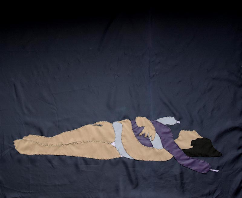 a textile with a dark background, a woman in the foreground lying naked and wrapped in a snake