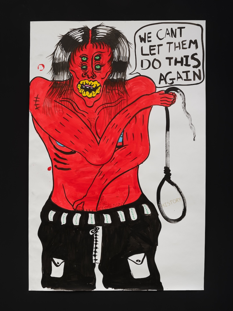 Person with bare upper body painted in red and a hangman's knot in the hand