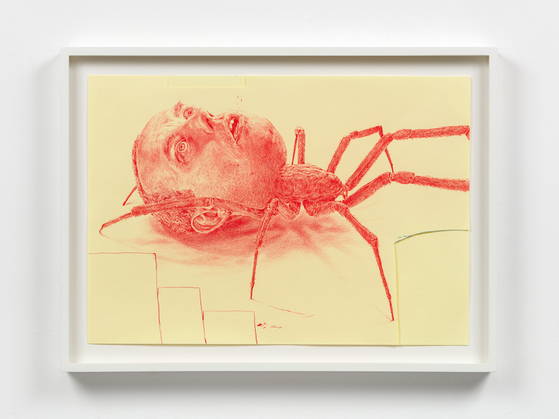 Drawing of a a hybrid creature with a human head and a spider body