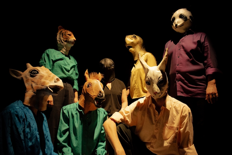 group photo of 7 people with animal heads (horse, giraffe, tiger, bear, bird, turtle, cat)