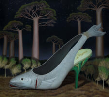 A painting of fish shoe with green heel and it is in a forest