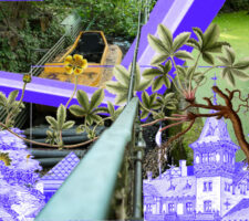 a digital collage combining drawings and photographs of buildings and nature