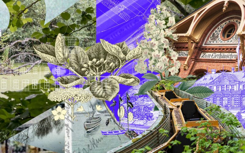 a digital collage combining drawings and photographs of buildings and nature