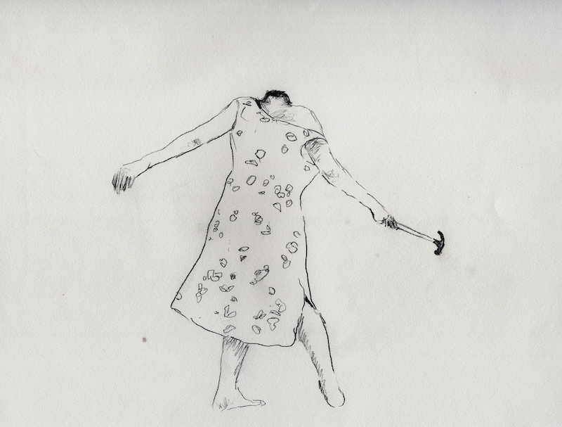 a simple pencil drawing of a headless woman holding a hammer